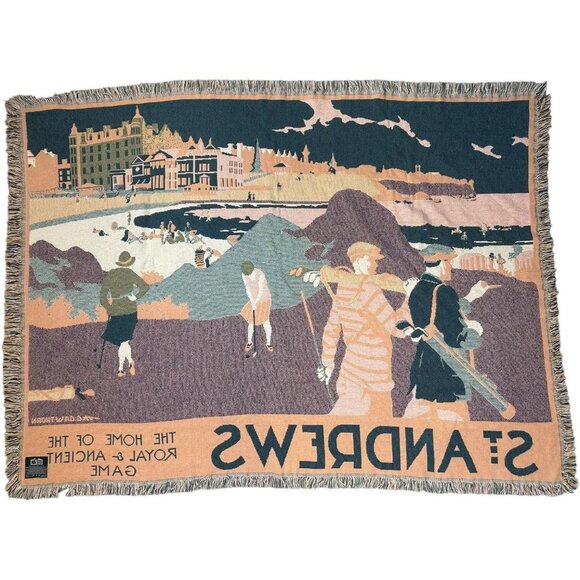 St Andrews Golf Afghan Throw Blanket Tapestry GOODWIN WEAVERS 29.5x67" - Picture 9 of 11